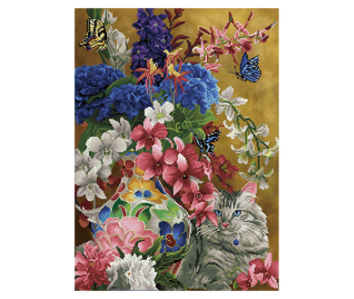 Gilded Cat And  Flowers - 72 x 52cm