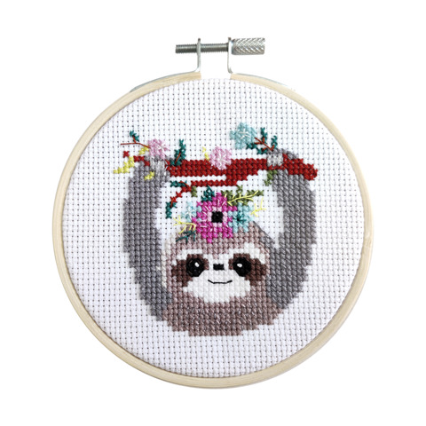 Beginner Cross Stitch Kit with Hoop 10cm - Hang In There Sloth