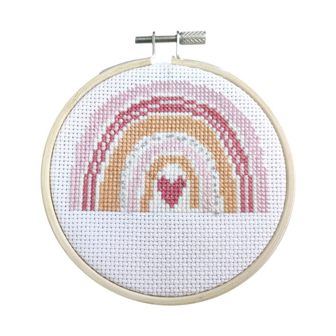 Beginner Cross Stitch Kit with Hoop 10cm - Rainbow Heart