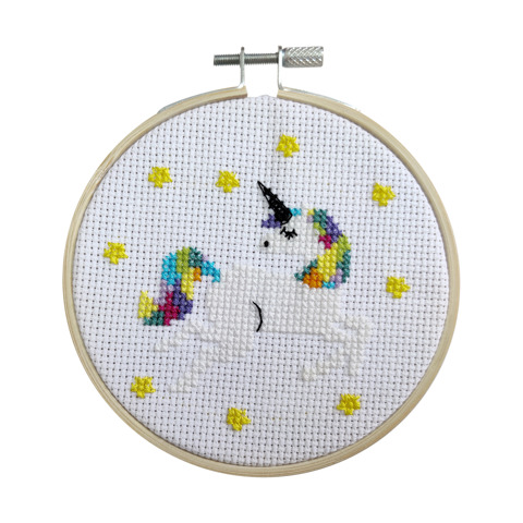 Beginner Cross Stitch Kit with Hoop 10cm - Rainbow Unicorn