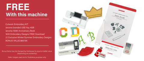 BONUS Cutwork Embroidery KIT, Janome branded USB Key 4GB, Janome 100th Anniversary Book, 1835 Embroidery Designs, 22 Exclusive Winter/Summer Embroidery BONUS VALUE $657.95