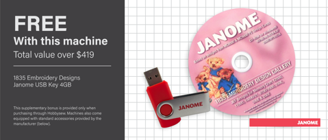 1835 Embroidery Designs, Janome USB Key 4GB PN JANUSBKEY BONUS VALUE $419