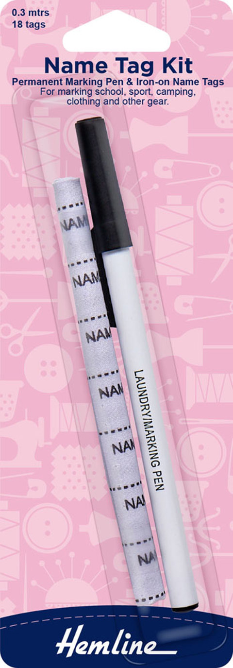 Hemline - Name Label Kit Printed Iron-On Tags & Pen 30cm - 18 tags