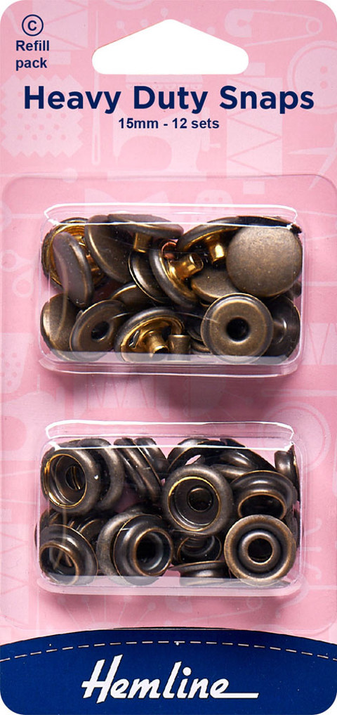 Hemline - Snaps Heavy Duty 15mm Refill 12 sets - Antique Brass