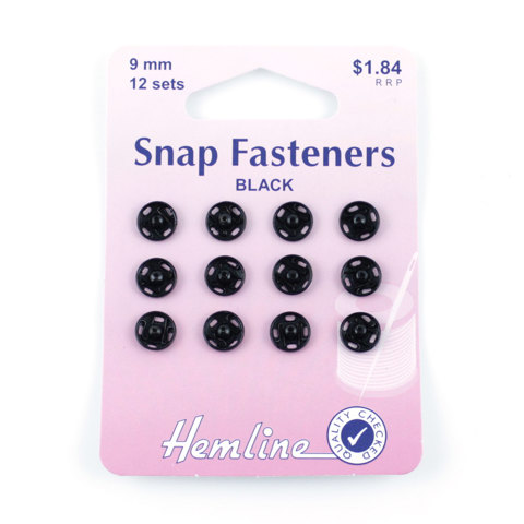 Hemline - Snap Fasteners Metal Sew On 9mm - 12 sets - Black