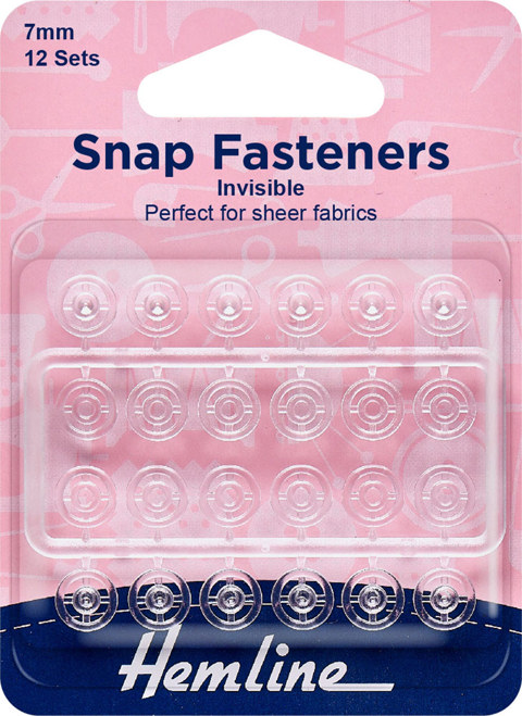 Hemline - Snap Fasteners Nylon Invisible Sew On 7mm - 12 Sets - Clear