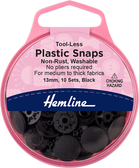 Hemline - Plastic Snap Tool Less 13mm 10 sets - Black 