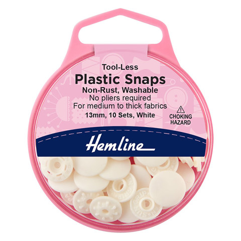 Hemline - Plastic Snap Tool Less 13mm 10 sets - White