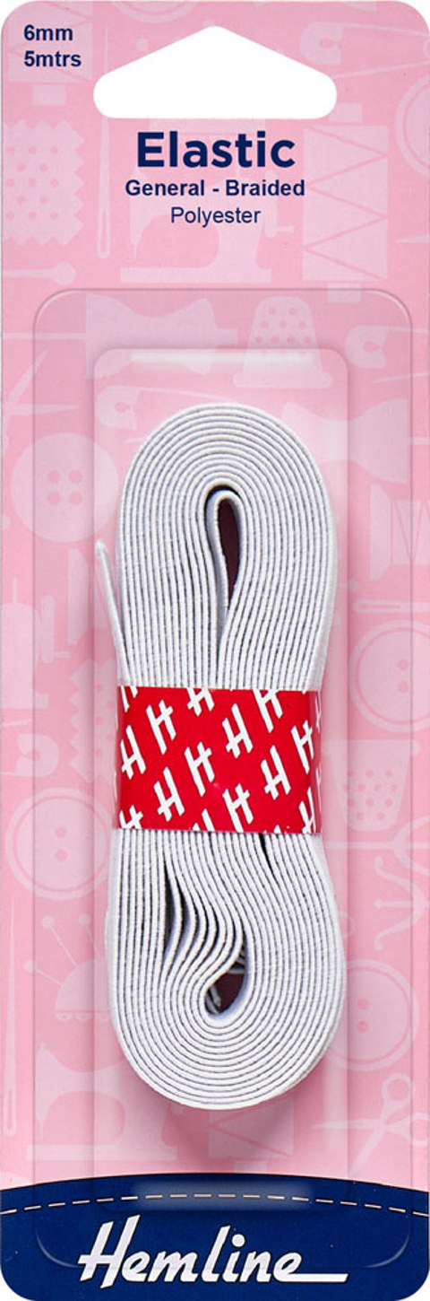 Hemline - Elastic Braided 6mm x 5m - White