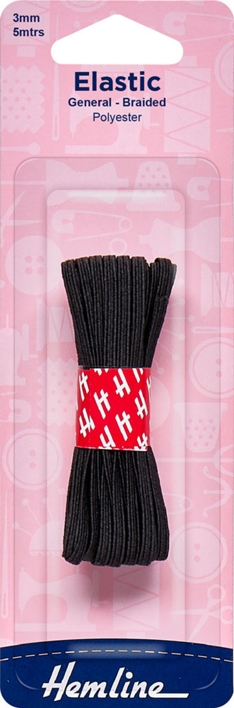 Hemline - Elastic Braided 3mm x 5m - Black