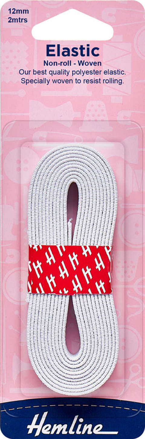 Hemline - Elastic Non Roll Woven 12mm x 2m - White