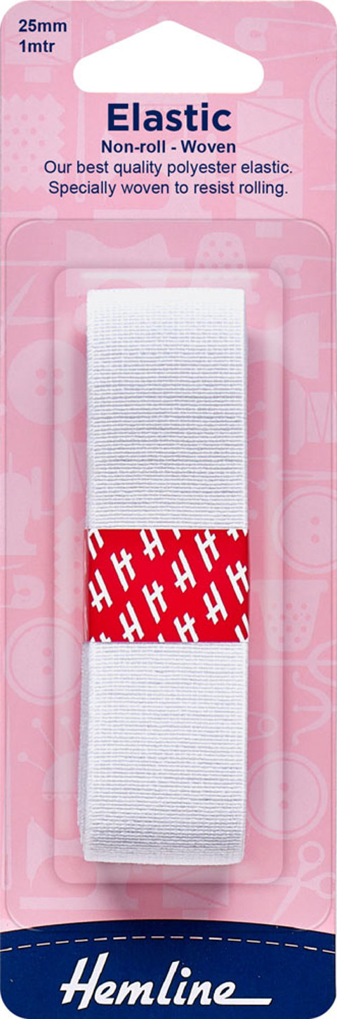 Hemline - Elastic Non Roll Woven 25mm x 1m - White