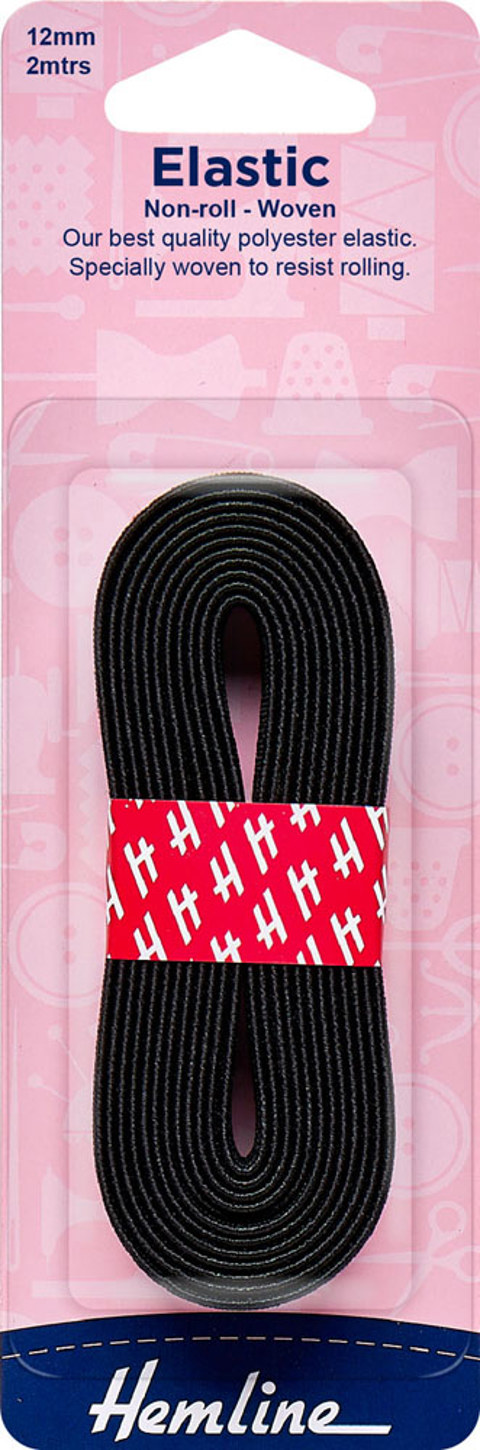 Hemline - Elastic Non Roll Woven 12mm x 2m - Black