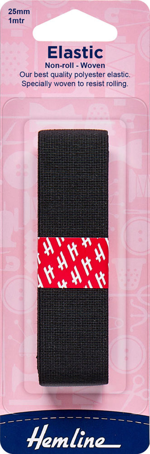 Hemline - Elastic Non Roll Woven 25mm x 1m - Black