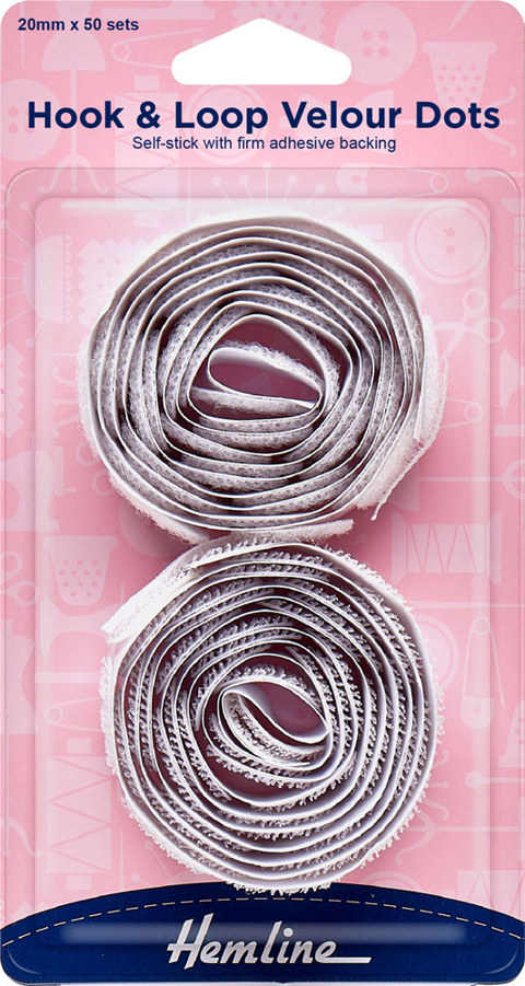 HEMLINE HANGSELL - Stick-On Hook and Loop Dots 20mm (50 Sets) - white