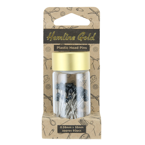 Hemline Gold - Pins Plastic Head in Jar 0.58 x 38mm 60pcs - Black 