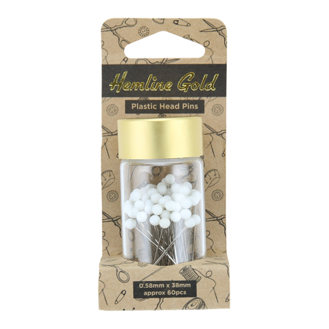 Hemline Gold - Pins Plastic Head in Jar 0.58 x 38mm 60pcs - White