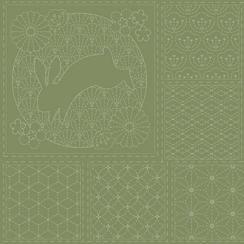 Sashiko Panel - Linen/Cotton 137 x 50cm Traditional Design Jungle Nights