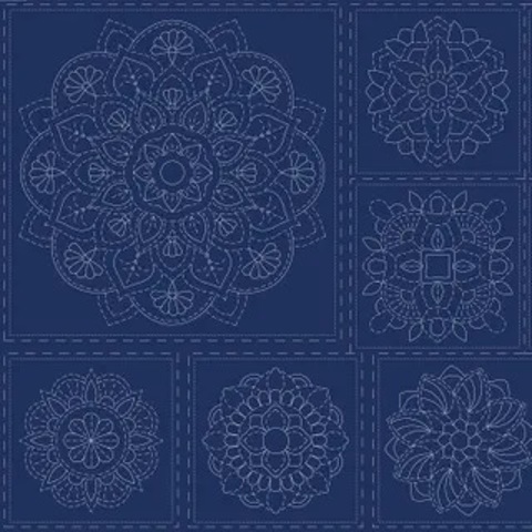 Sashiko Panel - Linen/Cotton 137 x 50cm Mandala Navy