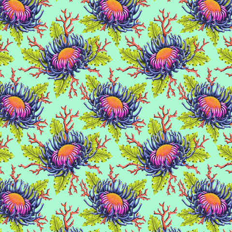 TULA PINK FLORAL REEF - FRIENDS & ANEMONES - SEAFOAM