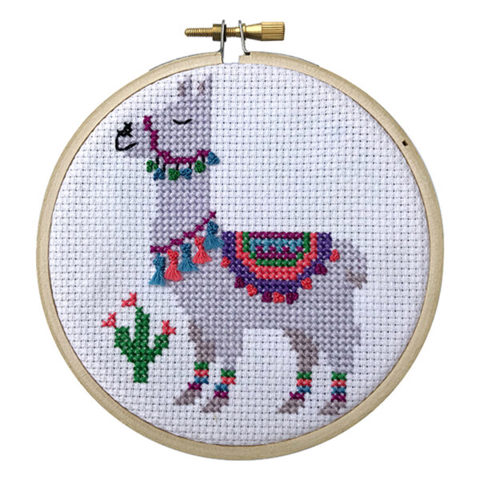 Mini Cross Stitch Kit with Hoop 10cm - Lama