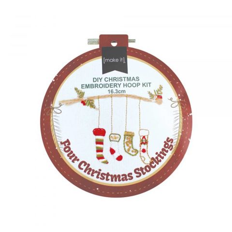 DIY Christmas Embroidery Hoop Kit 16.3cm - Four Christmas Stockings