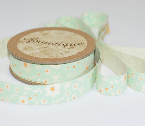 PRINTED COTTON RIBBON 15MM X 5M-100% cotton  green and  orange / floral