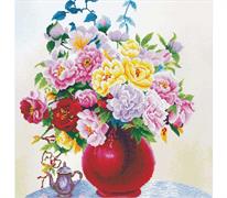 No Count Cross Stitch On White Aida 14 - cabbage roses in a vase 40 x 40cm