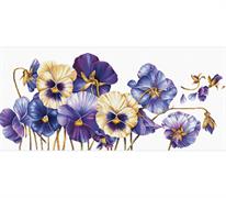No Count Cross Stitch On White Aida 14 - purple pansies 97x42cm