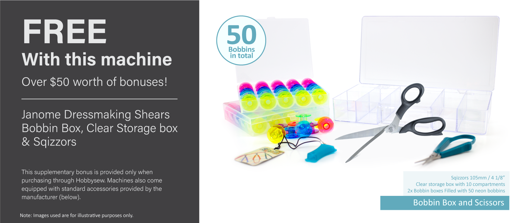 Bonus Janome Dressmaking Shears Bobbin Box, Clear Storage box and Sqizzors valued over $50