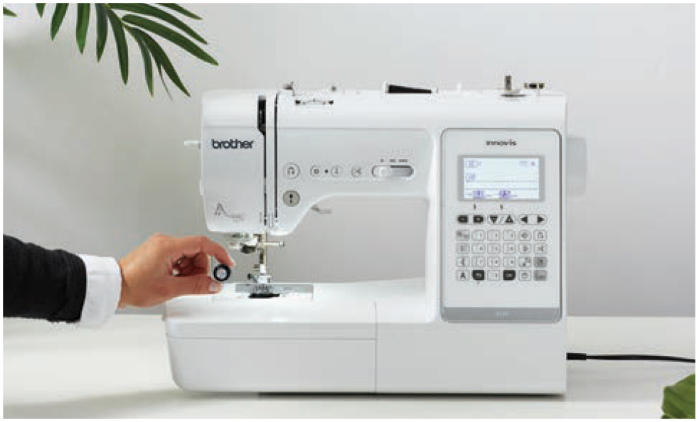 Brother A150 Innov-is A Series-Drop in a bobbin, thread in the direction of the arrow and you’re ready to sew.